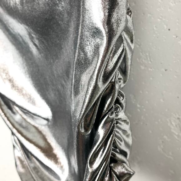 Anthropologie Maeve Mock Neck Ruched Shine Sleeveless Tank Stretch Silver Small - Picture 8 of 9